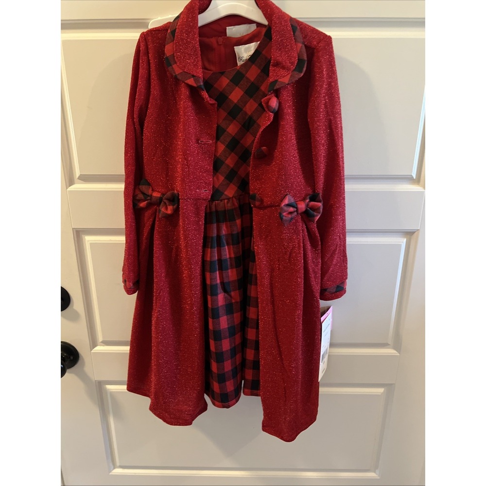 RARE EDITIONS Girls Knit Coat with Buffalo Check Dress 2 Piece Set NWT $74